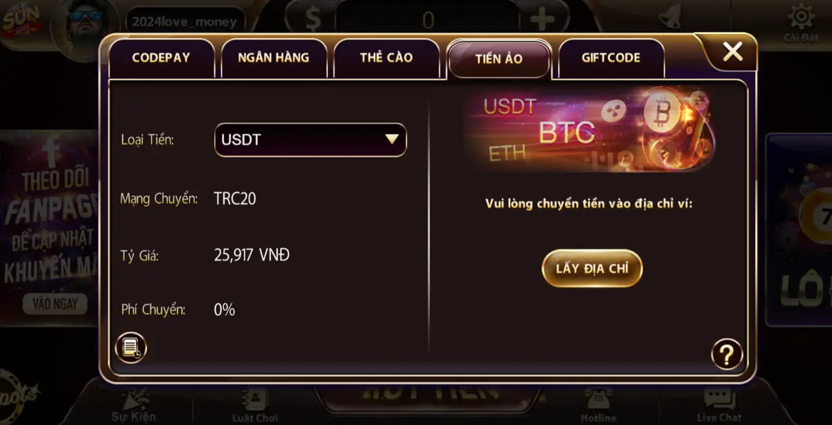 Nạp tiền vào Sunwin Live bằng Tiền ảo (USDT)